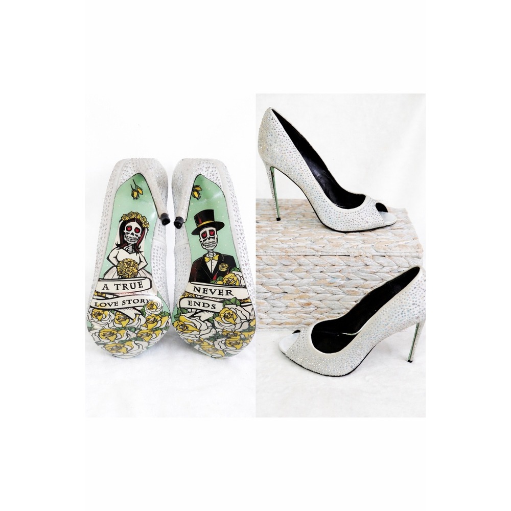 Taylor Says White Rhinestone Heels Y2K Peep Toe Bridal Satin Size 9.5 Art Skull